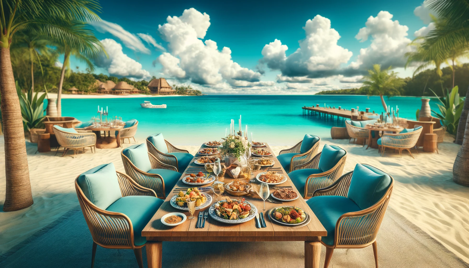 Elegant beachside dining in the Caribbean, featuring a sumptuous feast on a wooden table surrounded by stylish blue chairs, set on white sands against a backdrop of a turquoise lagoon and palm trees, evoking a serene Mexican coastal vibe